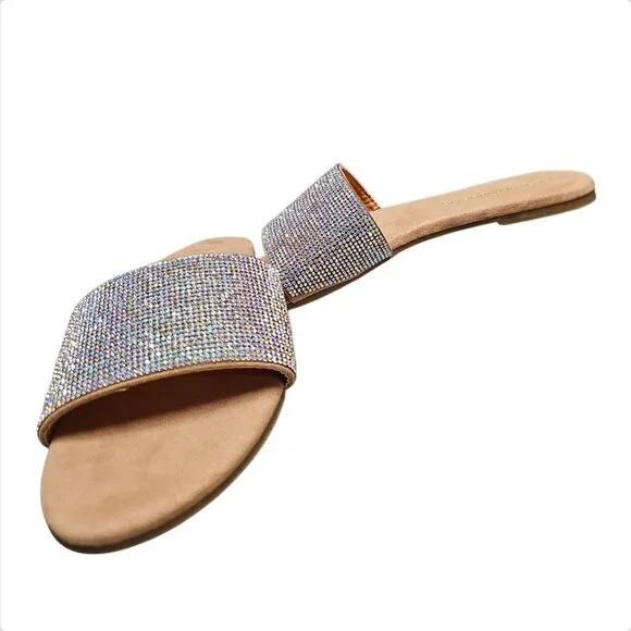Rhinestone Embellished Slide Sandals Womens Sparkling Flat Slip-On Shoes - Picture 6 of 7